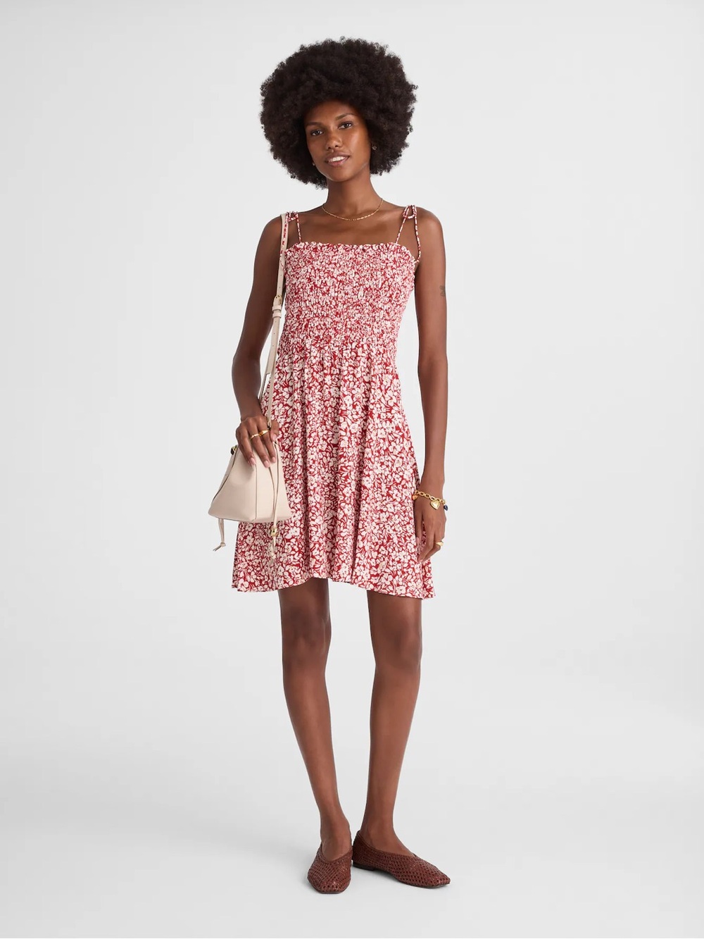 Madewell Red Floral Smocked Sundress with Tie Straps